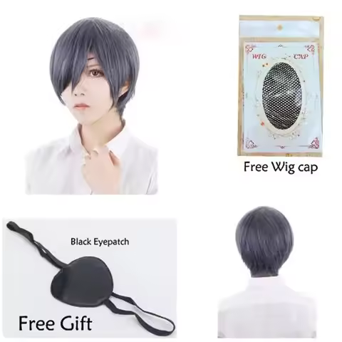 Anime Black Butler Kuroshitsuji Ciel Phantomhive Wigs Grey Blue Mix Short Synthetic Hair Cosplay Wig + Black Eyepatch+ Wig Cap