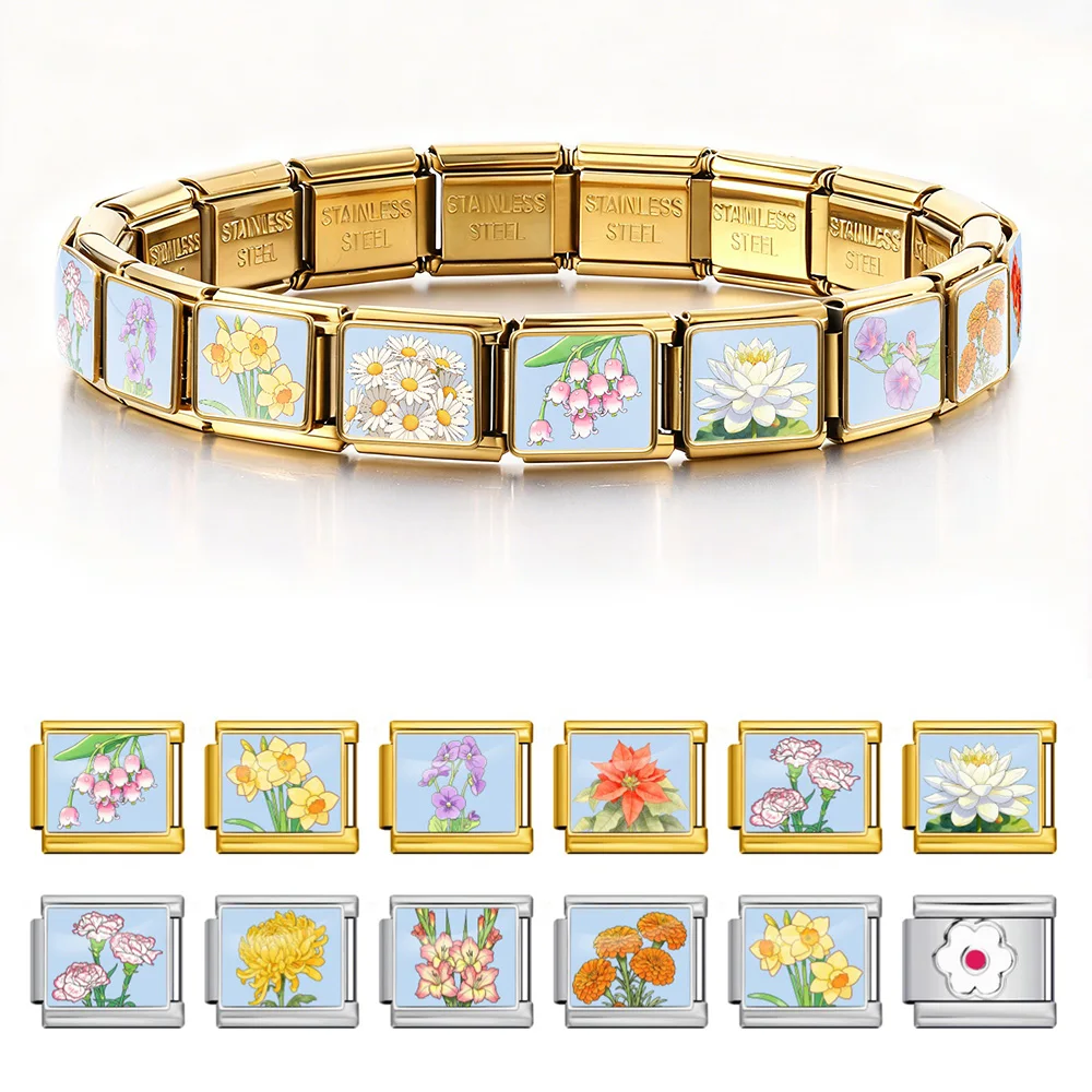 Fashion Colorful December Flowers Italian Link fit 9mm Stainless Steel Charm Original Design Jewelry Making DIY Bracelet Gifts