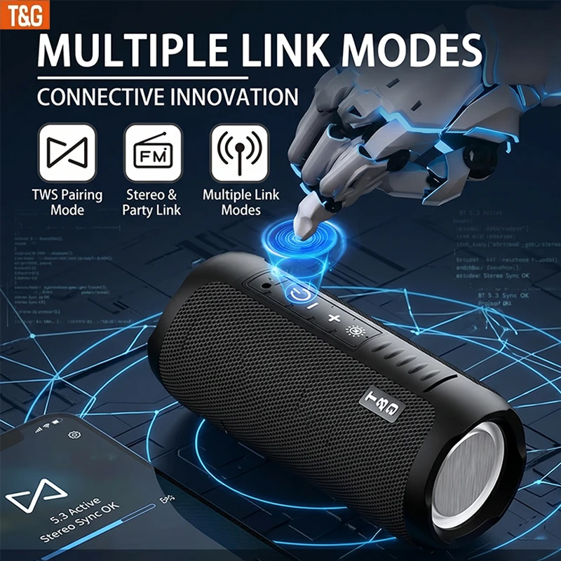 T&G TG227 Tragbarer Bluetooth-Lautsprecher, mit LED-Licht, TWS-Verbindung Stereo, kompatibel mit USB/TF/FM-Radio-Musik.