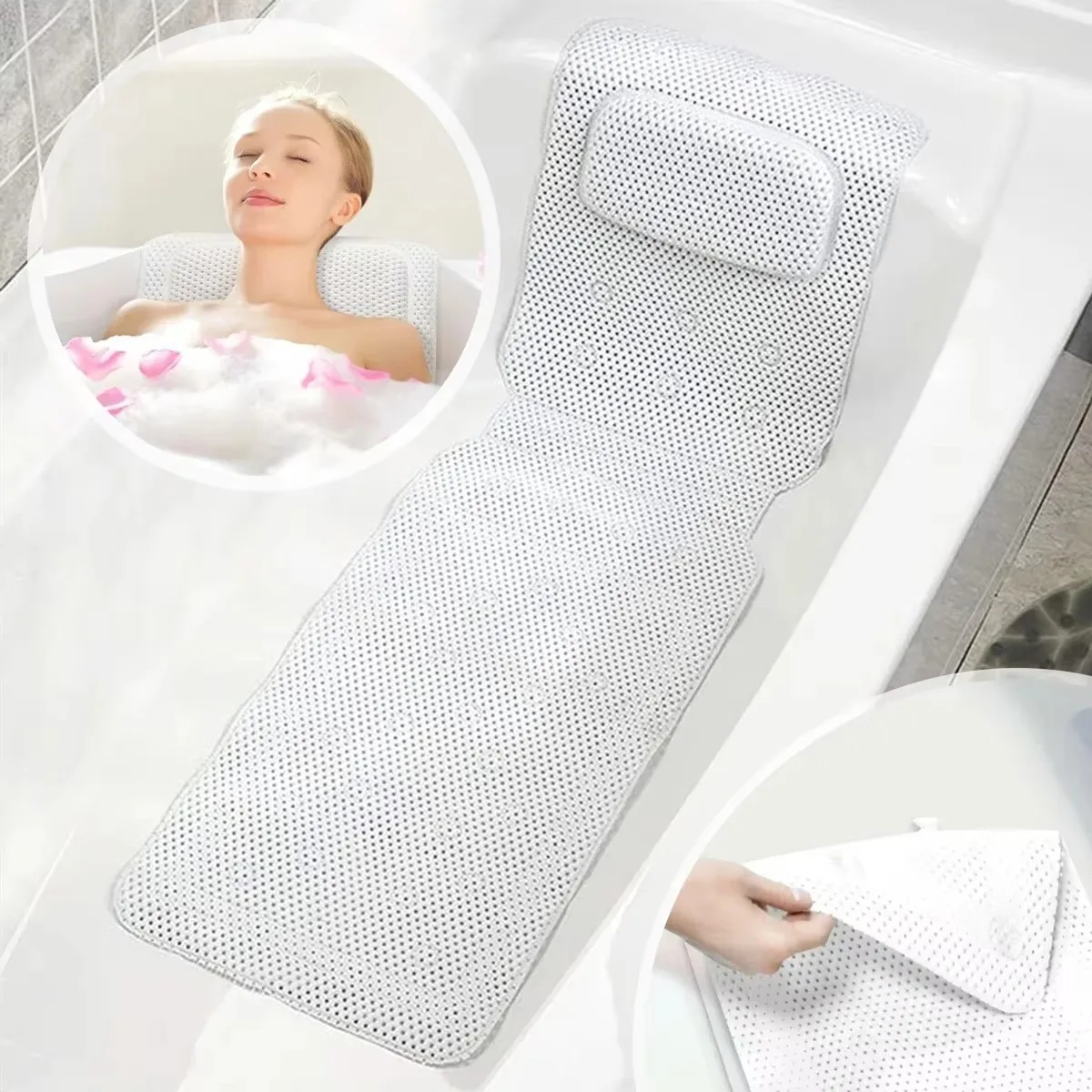 Breathable Bath Pillow Non-Slip 3D Mesh Bathtub Spa Head Rest With Suction Cup Support Neck Back Full Body Rest Bathroom Supply