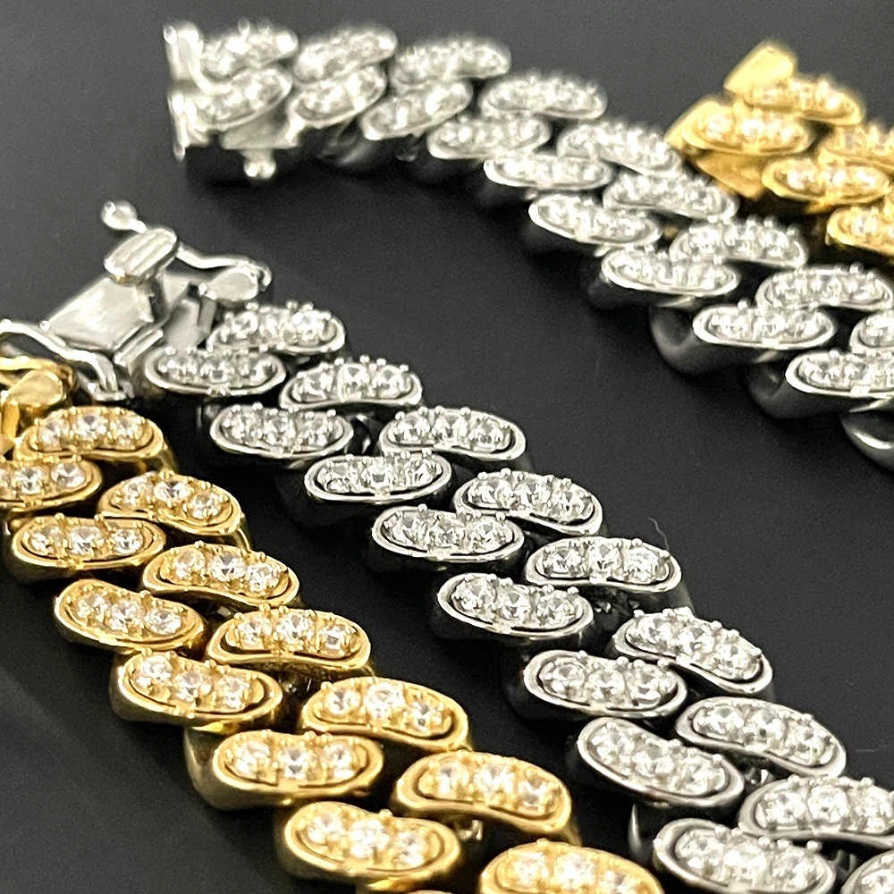 12mm Stainless Steel Diamond Zircon Bracelet  Necklace Cuban Chain Iced Out For Men Women Fashion Hip Hop Jewelry Free Shipping