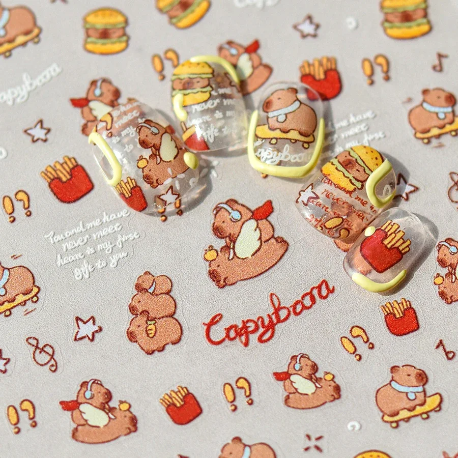 Kapibala-calcomanías de manicura 3D, calcomanías de dibujos animados, lindo Capybara Hamster marrón, relieve suave, autoadhesivo, decoración de uñas artísticas