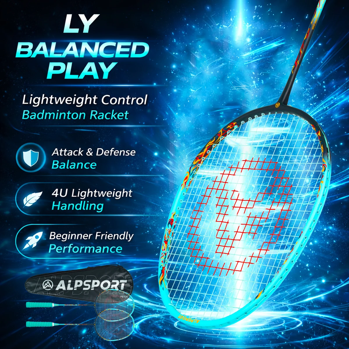 ALPSPORT Flames Badminton Racket 4U G5 22LBS Carbon Fiber Pro Offensive - Lekka rakieta dla nastolatków i dorosłych, trening meczowy