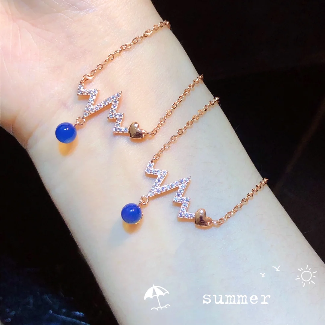 

Heartbeat Curve Pendant Necklace Rose Gold Sterling Silver with Zircon & Blue Amber 4mm Gift for Her Valentine Love Jewelry