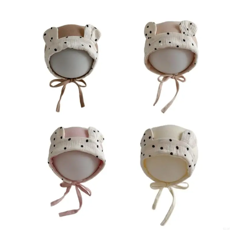 

W3JF Spring Autumn Thin Baby Ear Protections Hat Fashionable Dotted Small Strap Caps