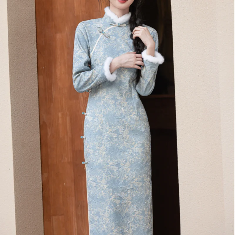 Women Sexy Satin Qipao Elegant Jacquard Cheongsam Novelty Long Sleeve Party Dress Patch Work Mao Mandarin Collar Vestidos