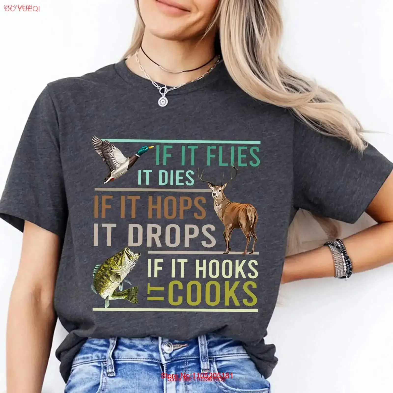 If It Flies Dies Hops Drops Hooks Cooks T Shirt Funny Hunting and Fishing Outdoor Sportsman vintage Washed Versatile Casual
