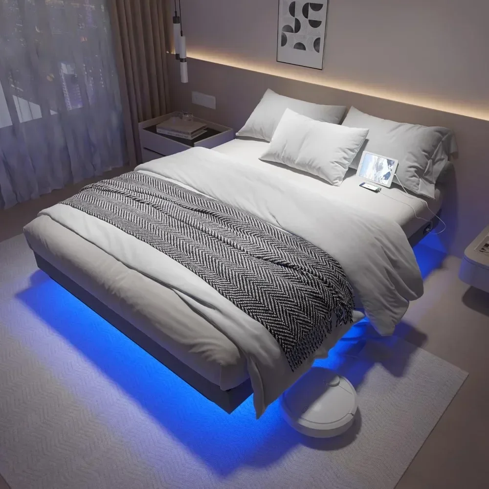 

Bed Frame with LED Strips, Queen Size, Platform Bed Frame with Charging Station, Wood Slats Support，Bed Frame