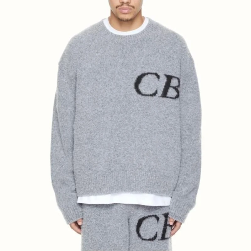 Top quality simple tide letters CB jacquard loose wool pants men and women lazy style round neck sweater knitting set