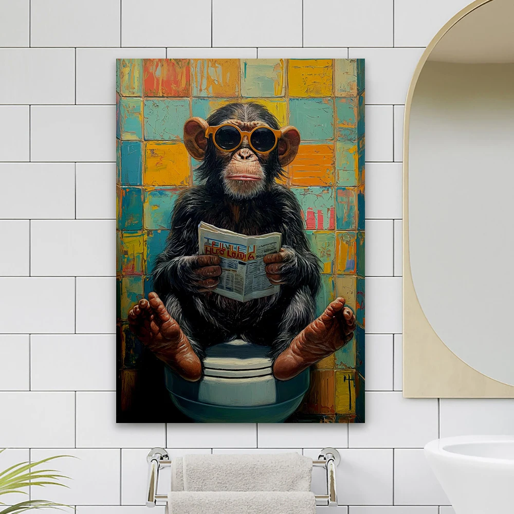 Graffiti Monkey On Toilet Print Monkey Chimpanzee Wall Art Funny Poster Bathroom Print Canvas Painting Home Toilet Decor