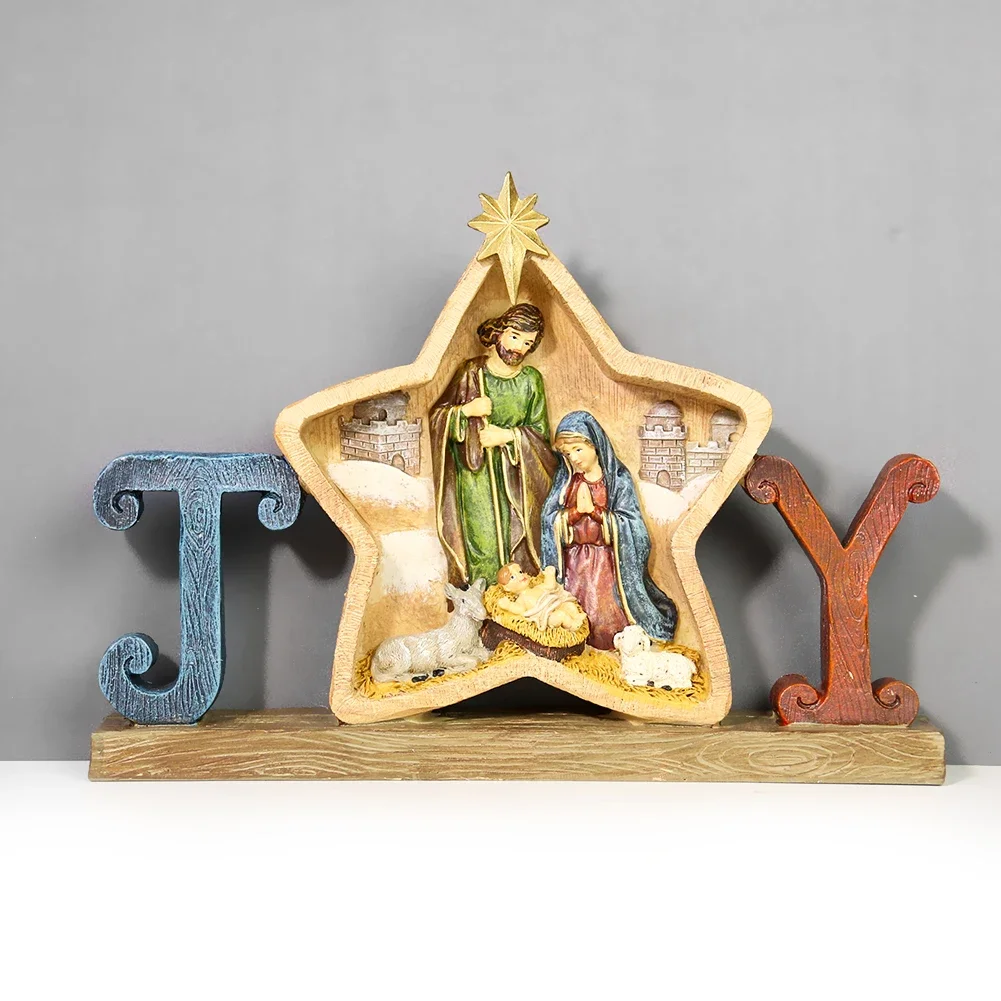 

Nativity Virgin Mary Manger Priest Baby Sheep Jesus Born Scene Pentagram JOY Resin Crafts Church Ornament Paperweight Pray Decor