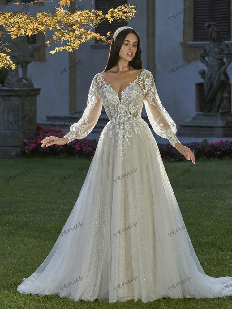 Vestidos De Novia clásicos, preciosos Vestidos De Novia, Apliques De encaje, mangas largas abombadas, corte en A, Vestidos De Novia personalizados 2025