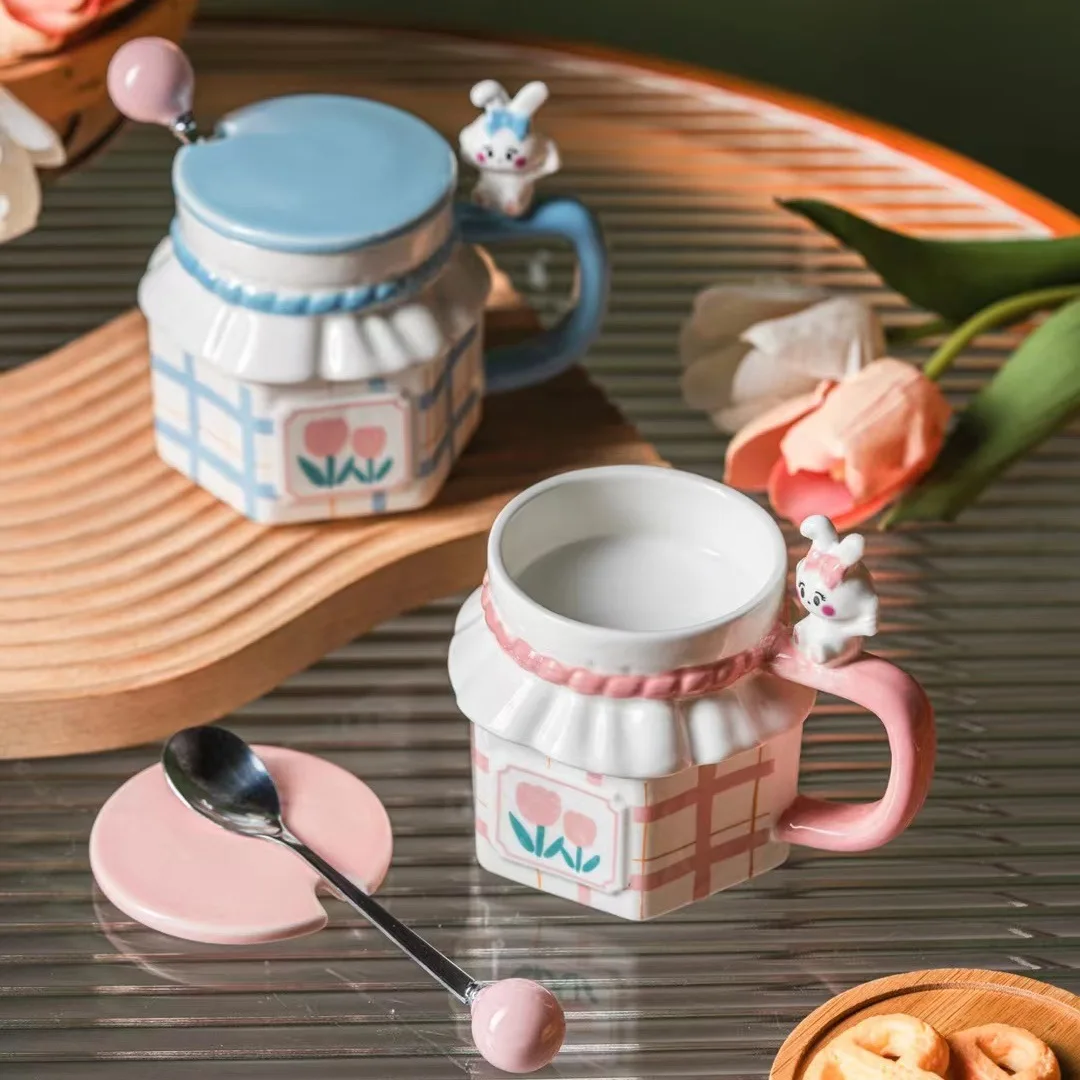 Bunny Couple Tulip Ceramic Cup High Appearance Cute Water Cup Birthday Gift New High Temperature Resistance Girl Heart Water Mug