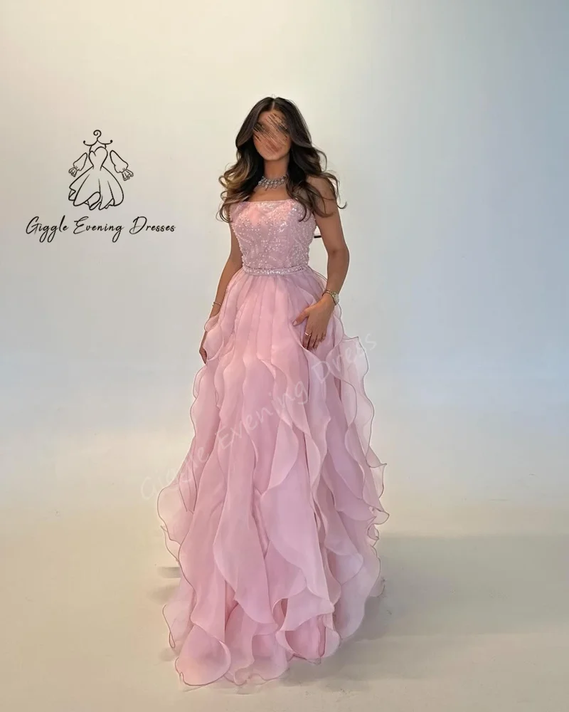 

Giggle Customized Strapless Sequined Tulle Prom Party Dress Charming Pink Formal Saudi Evening Gala Dress for Women 2025