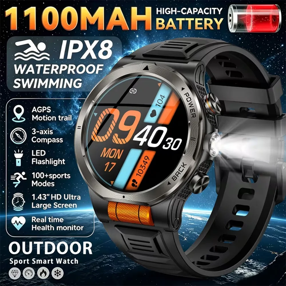 Outdoor Smart Watch 1100mAh Battery Exclusive Scroll Wheel Buttons 3ATM Waterproof Compass LED Flashlight Sport Modes Smartwatch