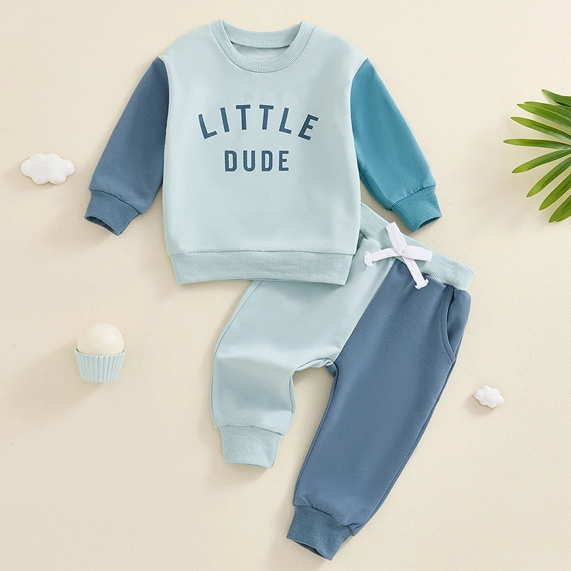 Baby Boy Contrast Outfit Letter Print Long Sleeve Sweatshirt Elastic Waist Pants with Pockets 2 Piece Set for Fall