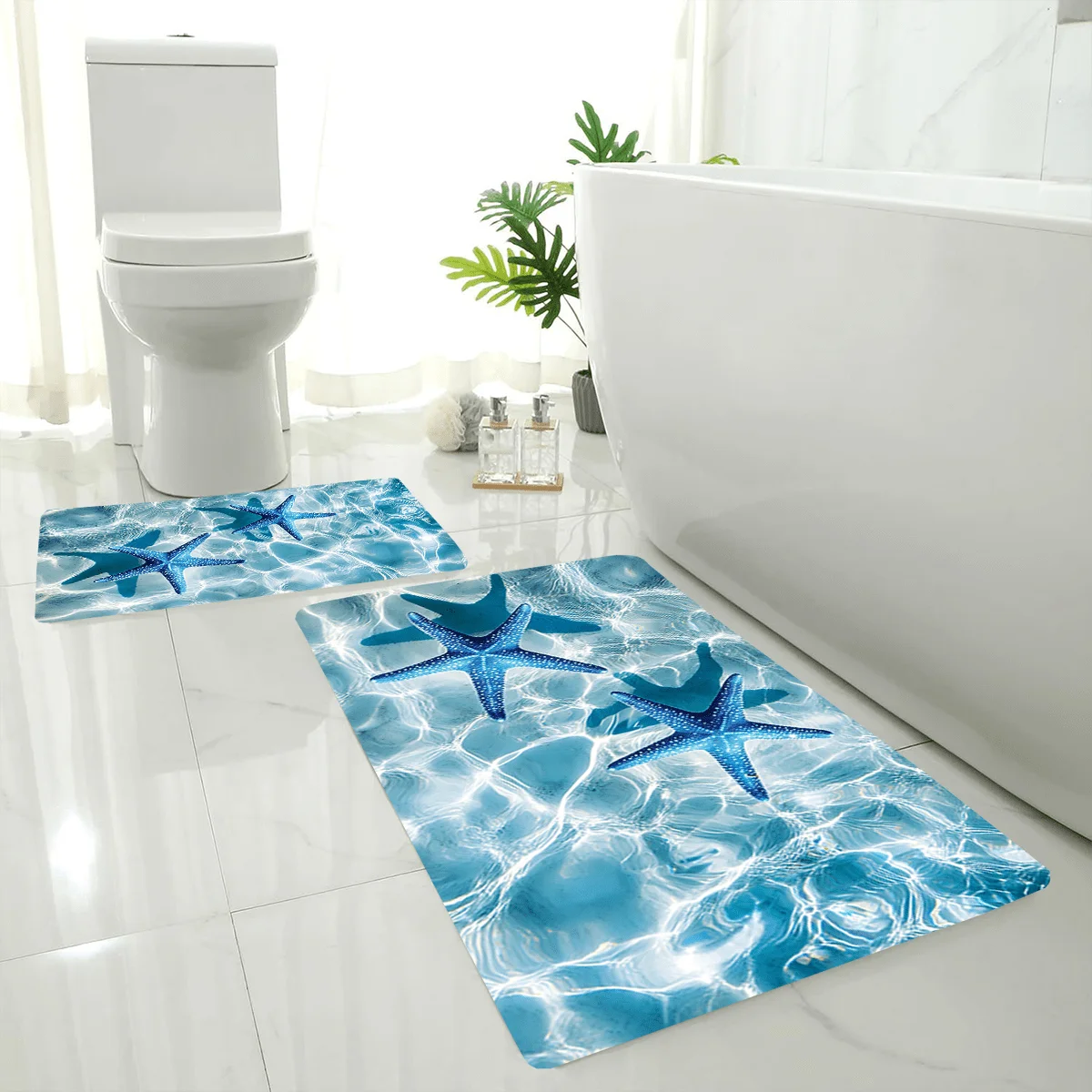 2pcs/ 3pcs/ Set Two Blue Starfish Floating on The Water Surface Printed Bathroom Floor Mat Set, Home Decoration Area Carpet, M