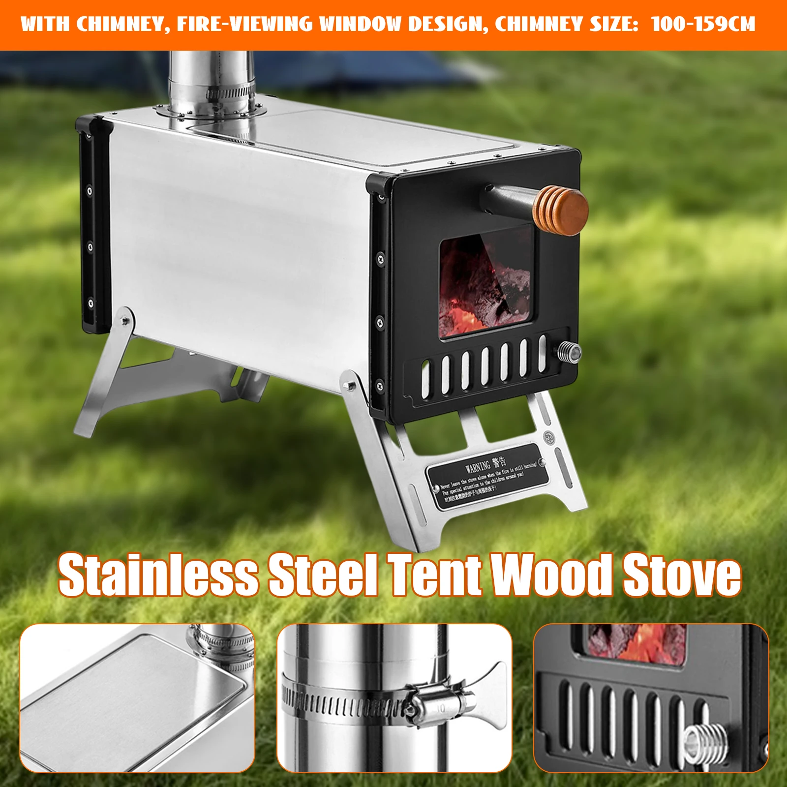 Stainless Steel Portable Firewood Burning Camping Tent Shelter Stove W/ Chimney Pipes Backpacking Trips Indoor Outdoor Cooking