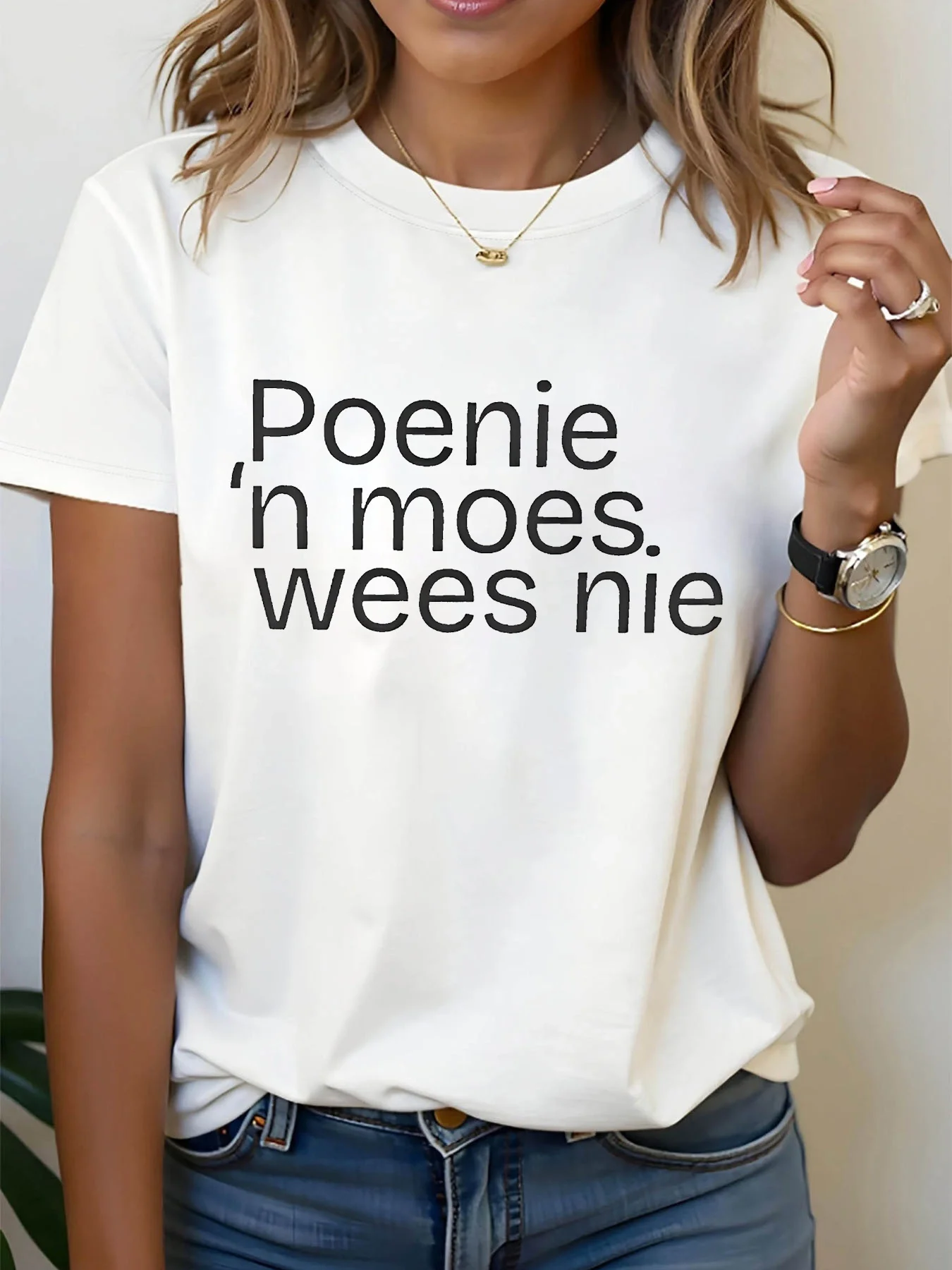 

Women's T-shirt Short Sleeve Poenie ’n moes wees nie Afrikaans Letter Print Crew Neck Casual Daily Top For Summer & Spring