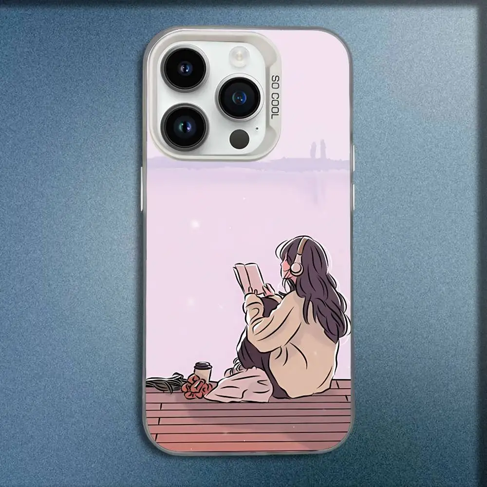 Girl Book Landscape Phone Case For iPhone 17,16,15,14,13,12,11,Pro,Max,Plus,E,SE4,Air,Mini White IMD Box