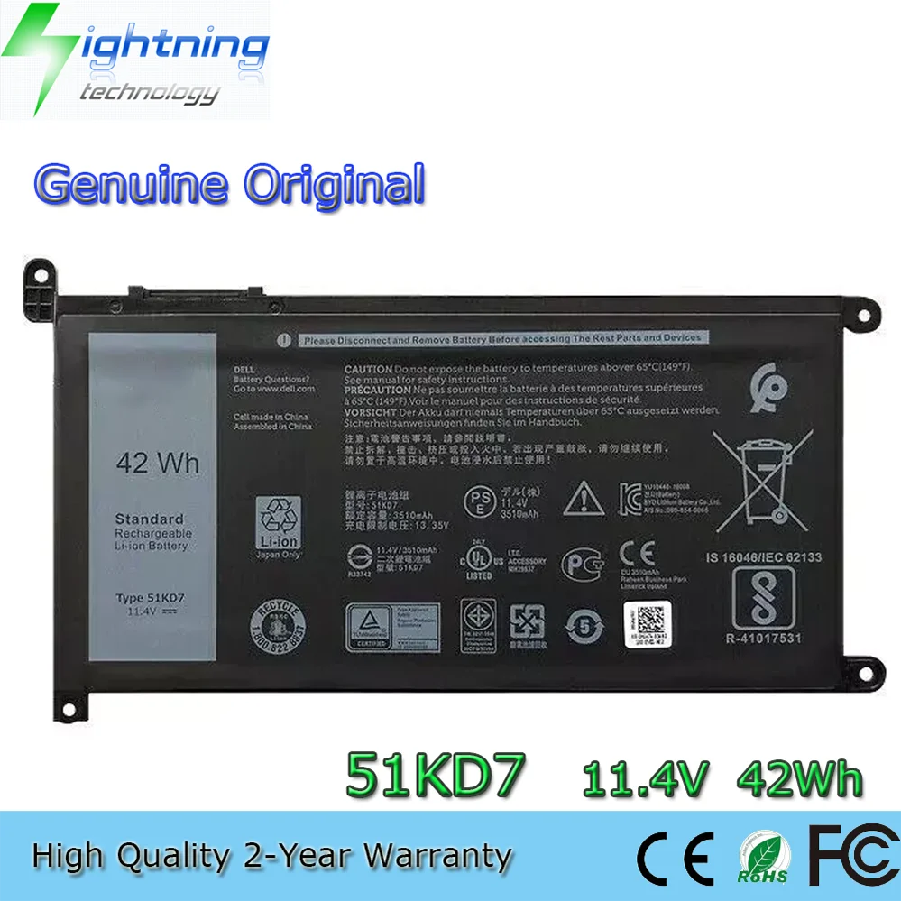 

Оригинальный аккумулятор для ноутбука 51KD7 11,4 В 42 Втч для Dell Chromebook 11 3180 3181 3189 5190 FY8XM