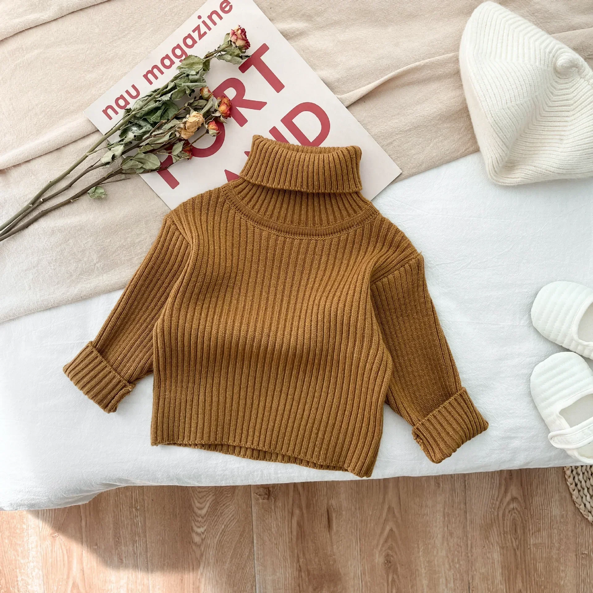 Baby Clothing Girls Sweater Autumn and Winter Thickened 2023 New Fashionable Knitted Solid Color Baby Turtleneck Pullover Top