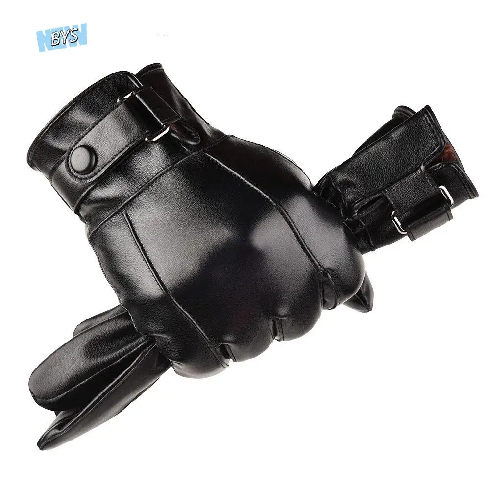 

Windproof Men's PU Leather Gloves Touch Screen Thick Velvet Male Cycling Gloves Soft Keep Warm Motorcycle Full Finger Mittens