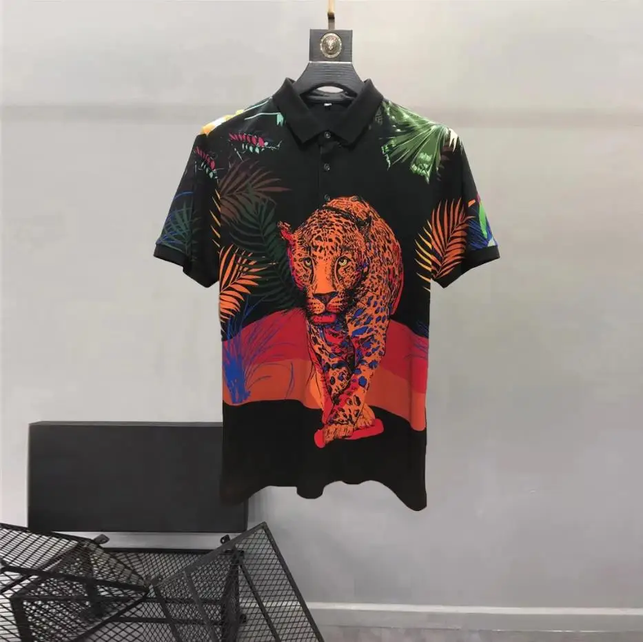 European and American men\'s wear summer 2022 new Short sleeve lapel royal animal print Fashion cotton T-shirt