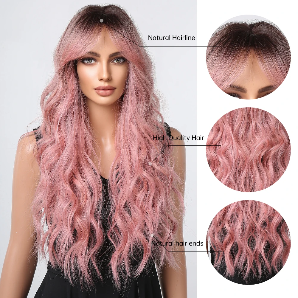 Synthetic Long Pink Wavy Wig with Bangs Curly Wave Natural Hair Dark Roots Wigs for Women Cosplay Party Lolita Heat Resistant