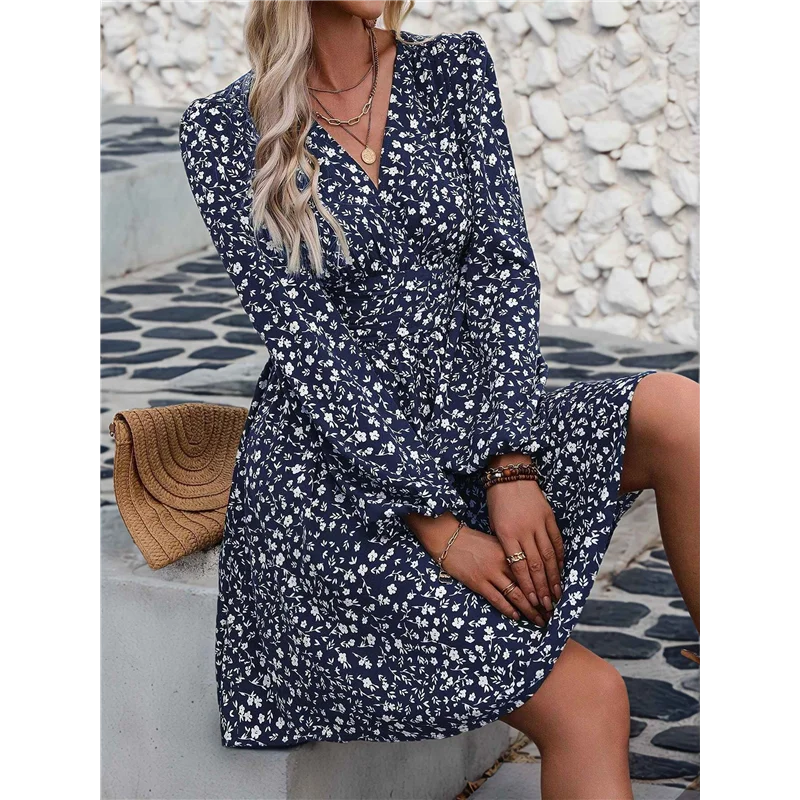 فستان نسائي أنيق بياقة على شكل V وأكمام طويلة وخصر عالٍ فساتين قصيرة لحفلات الكوكتيل - A55G #5