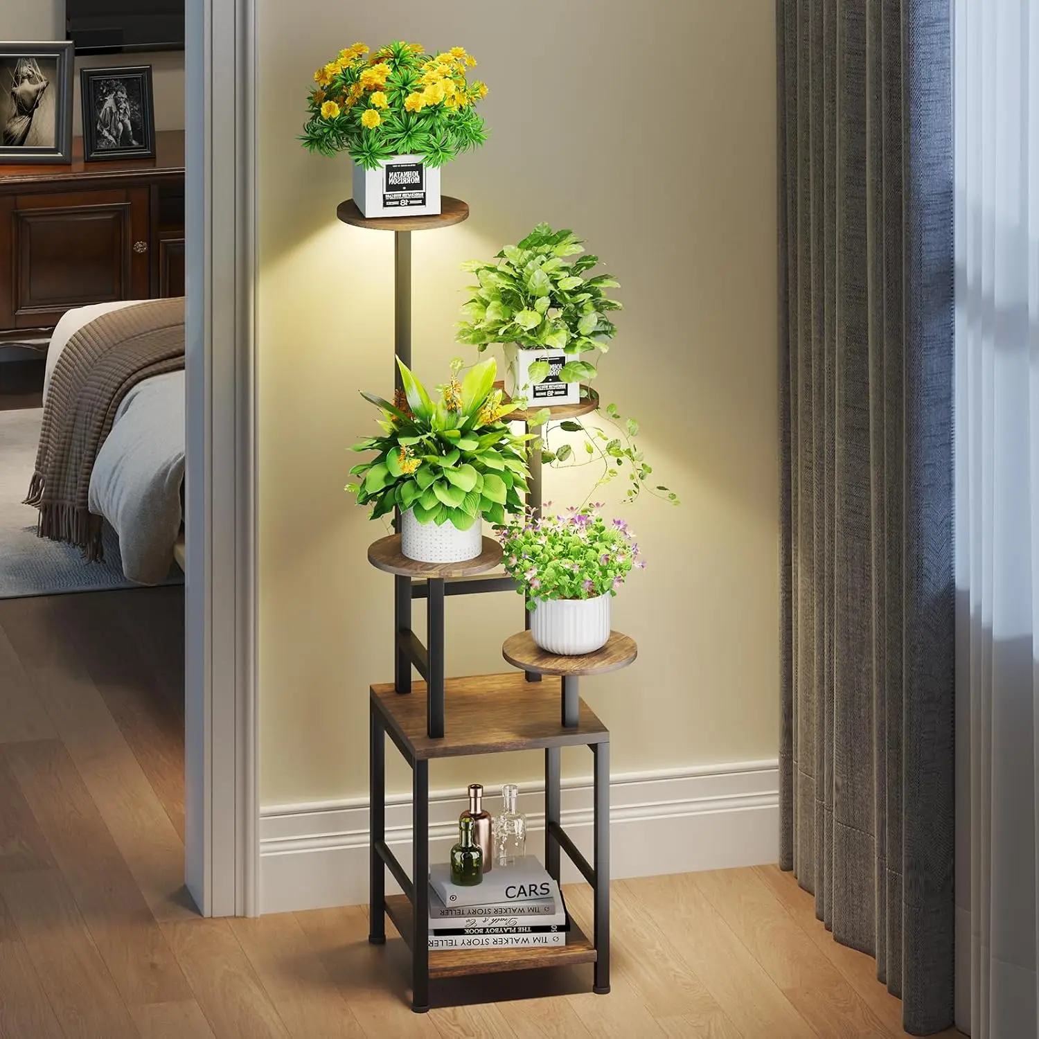 

5-уровневая металлическая подставка для растений с регулируемым освещением для выращивания растений, компактная садовая полка для гостиной