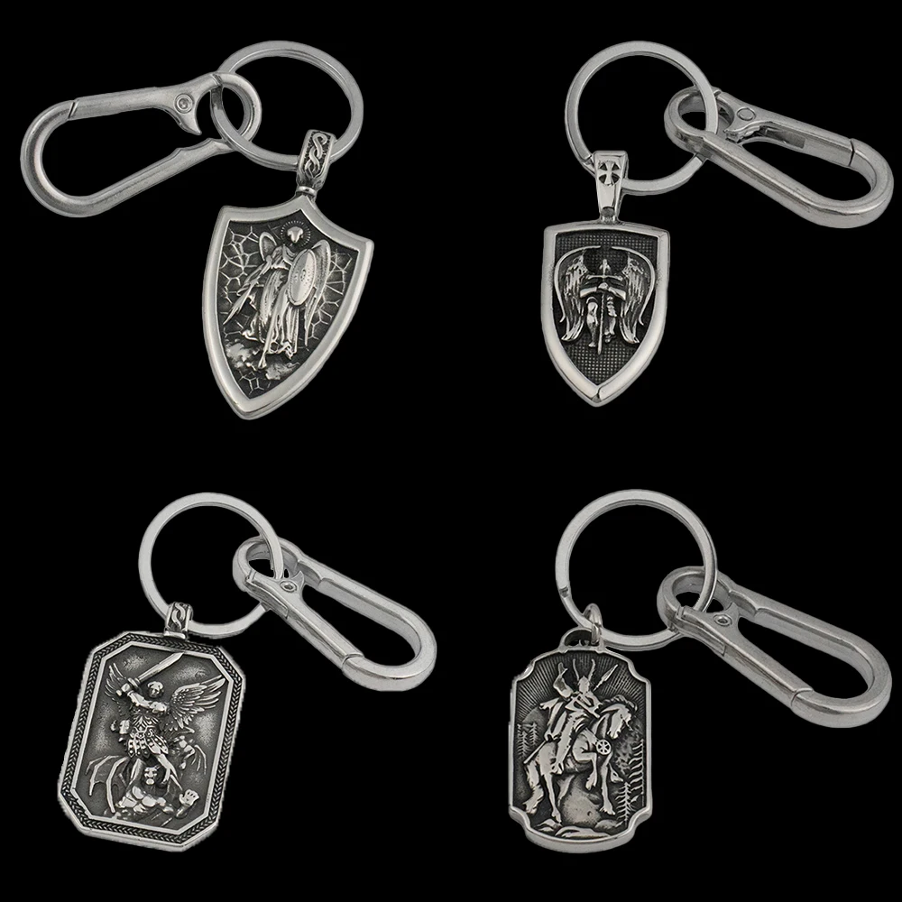 Classic Design Arch Angel St.Michael Keychain Vintage Stainless Steel Amulet for Men Women Trendy Charm Car Keyring Jewelry Gift