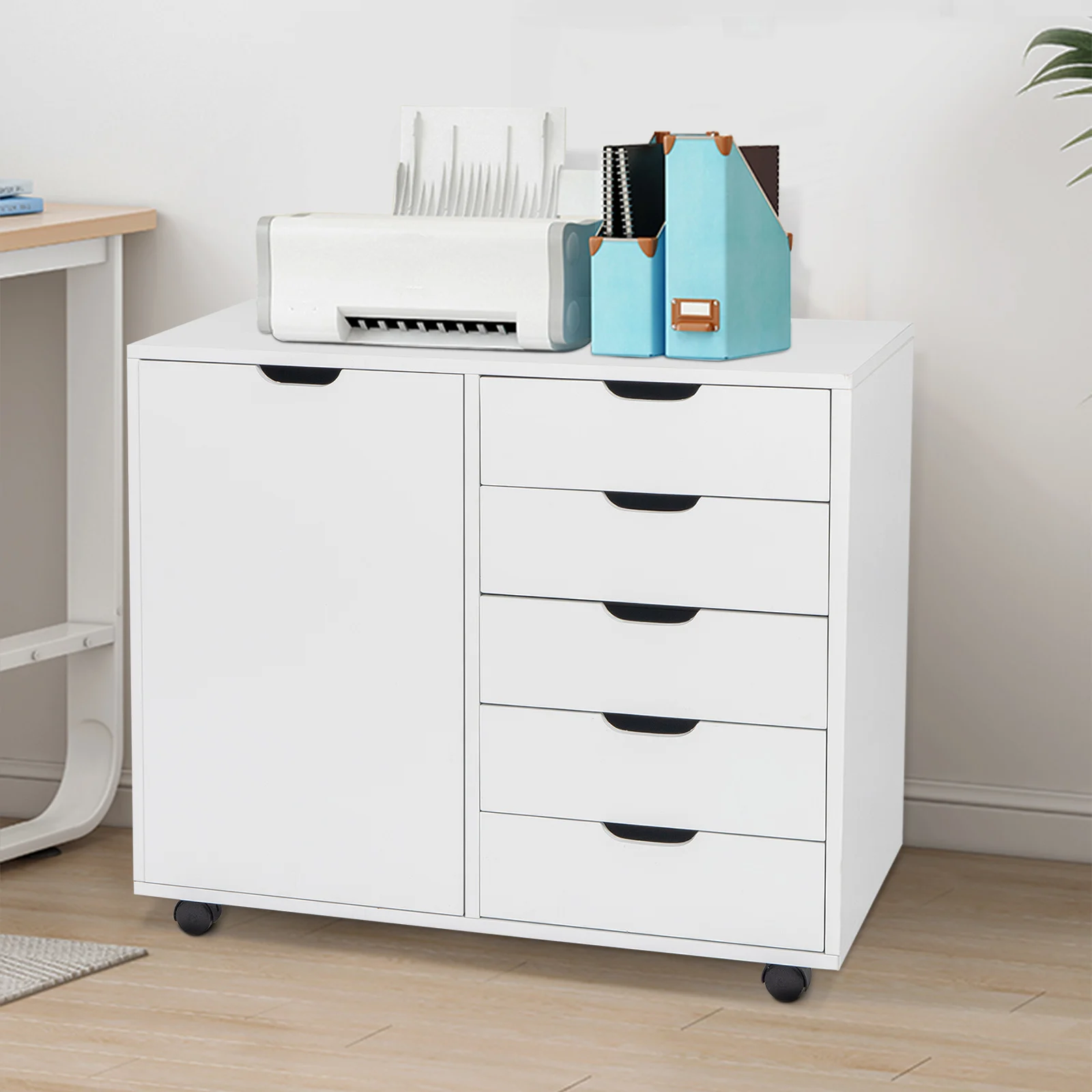 PVC Wooden Filing Cabinet 78x40.5x68CM Single Door 5 Drawers MDF White[US-Stock]