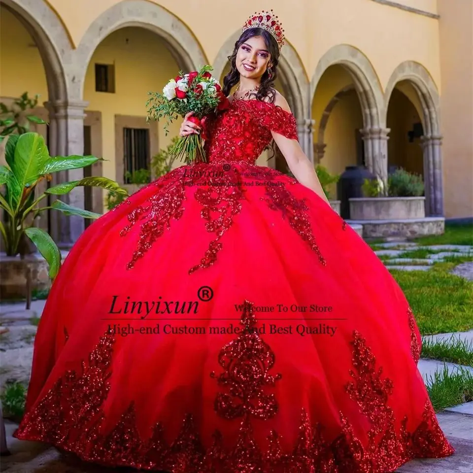 Vestido De baile rojo De lujo para quinceañera, Apliques De encaje De México, vestido dulce 16, vestido De corsé De 15 años, 2024