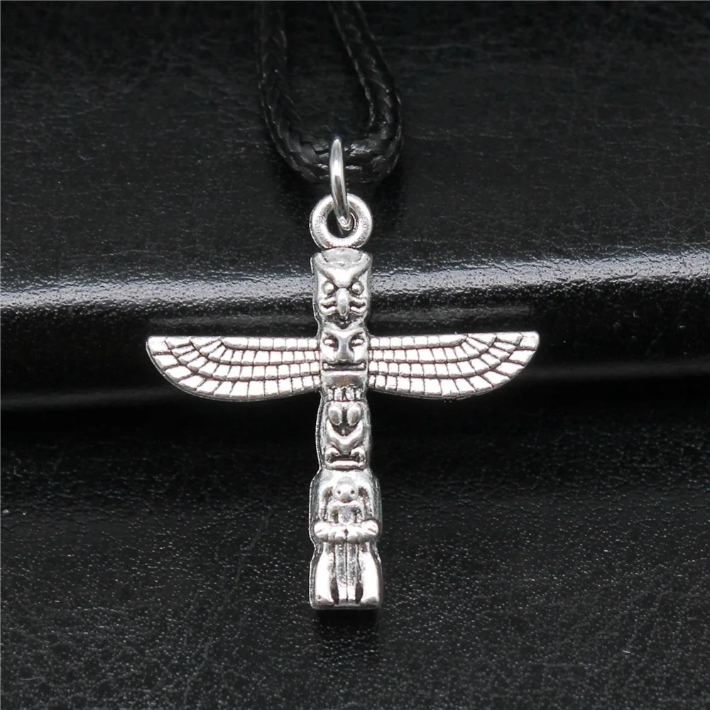 Dropshipping Antique Silver Color 27x25mm Mayan Totem Stone Column Pendant Faux Black Leather Rope Chain Necklace