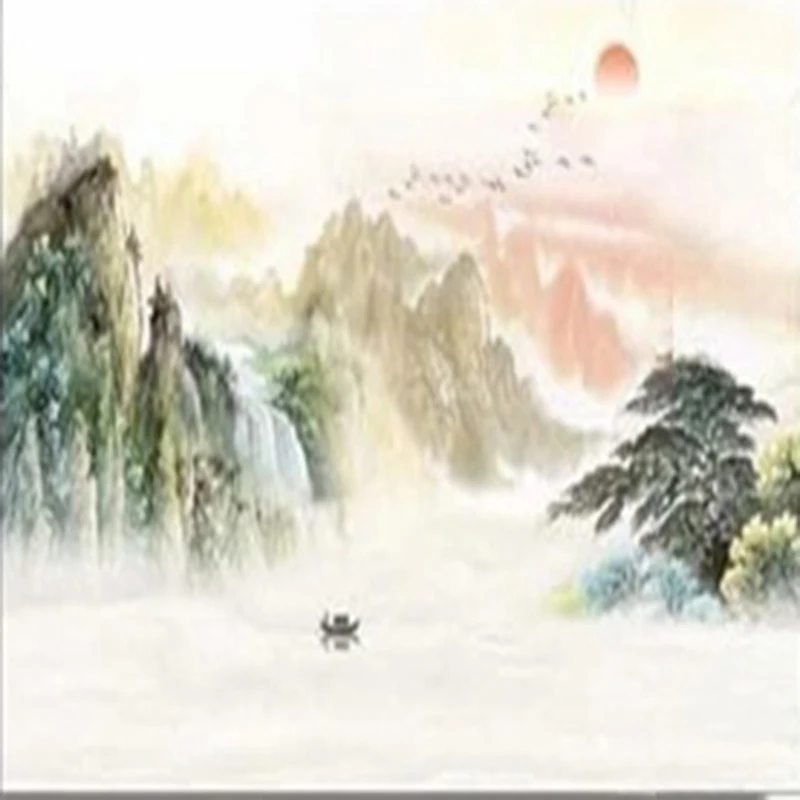 

Custom Sunset 3D Wall Mural New Chinese Style Wallpaper Mountain Birds Landscape Wall Arts Home Interior Decoration Background