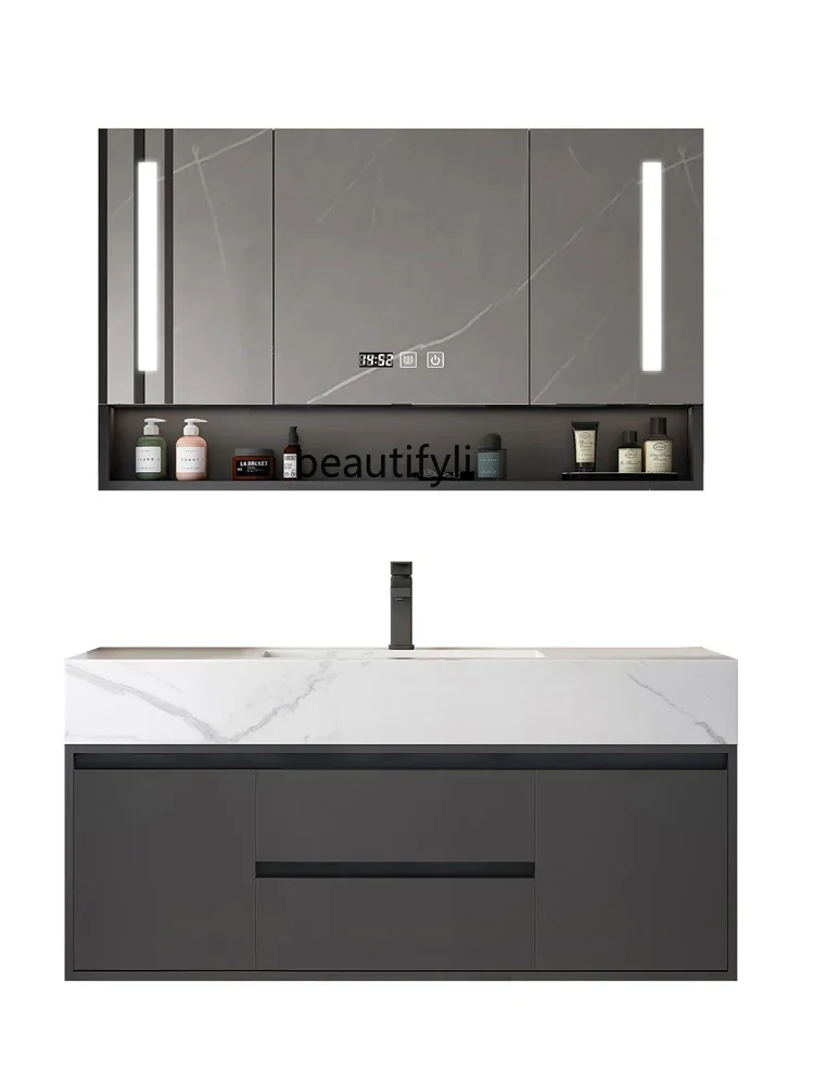 45Light Luxury Stone Plate Bathroom Cabinet Combination Simple Integrated Seamless Ceramic Wash Table Hand Basin