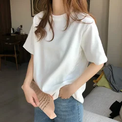 T-shirt Blanc à Manches Courtes et Col Rond pour Femme, Vêtement Ample et Simple en Coton, Top Tendance à Cinq Points, Été 2023