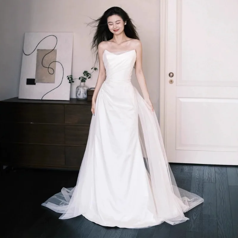 

Французское свадебное платье без бретелек для невест, в стиле Sen, с фатой для улицы, атласное белое платье для помолвки и торжеств, с небольшим шлейфом