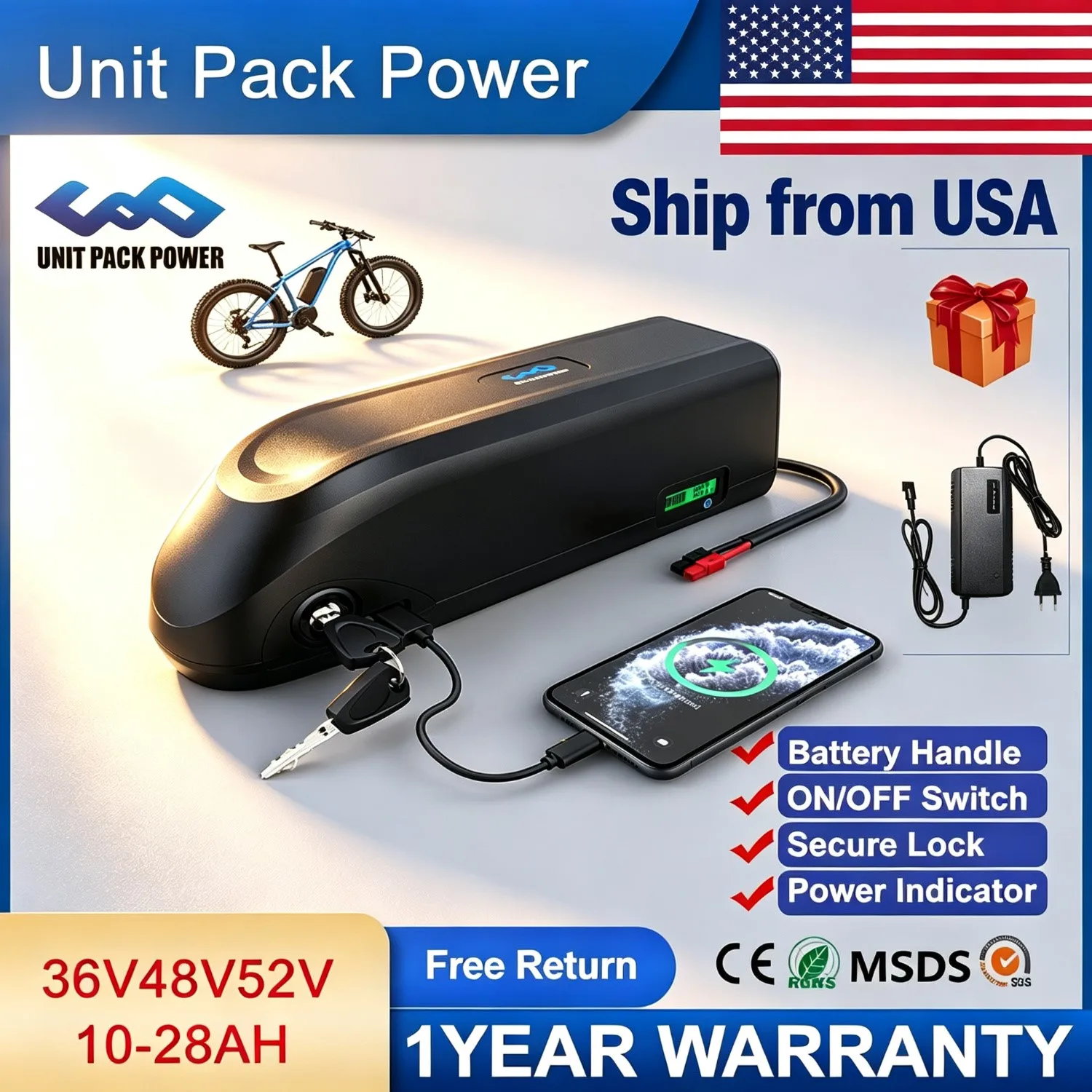 Shark‑Shell High‑Capacity Rechargeable Ebike Lithium Battery 48V 20Ah 52V 15Ah Shock & Dust Resistant for City Commuter E‑Bike Foldable Scooter,Fit 500W 750W 960W Electric Motor,Ship From US Local Warehouse Fast Delivery