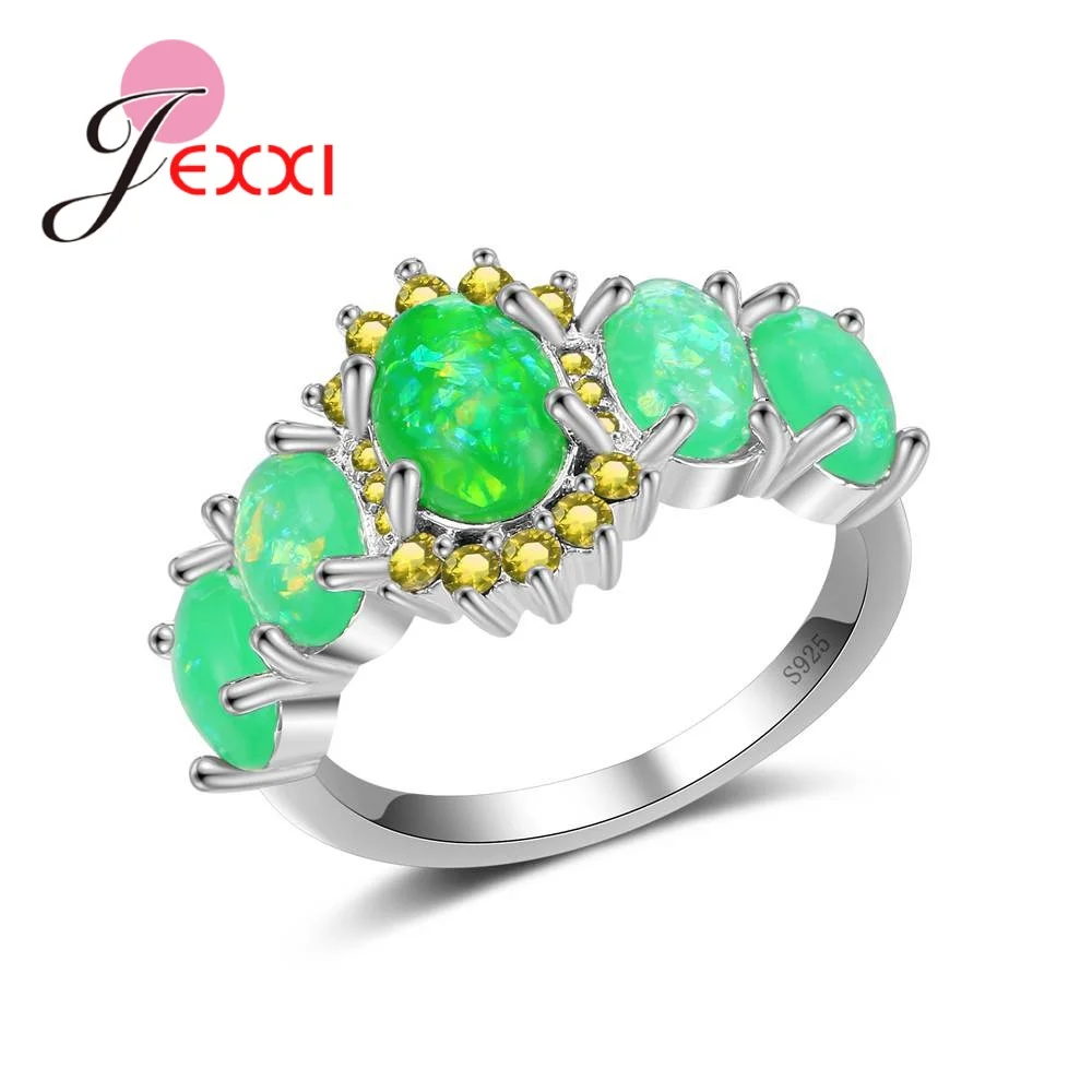 925 Sterling Silver Color Romantic Fashion Ring Micro Paved Green Opal Stones Crystals CZ for Women Valentine's Day Gift Jewelry