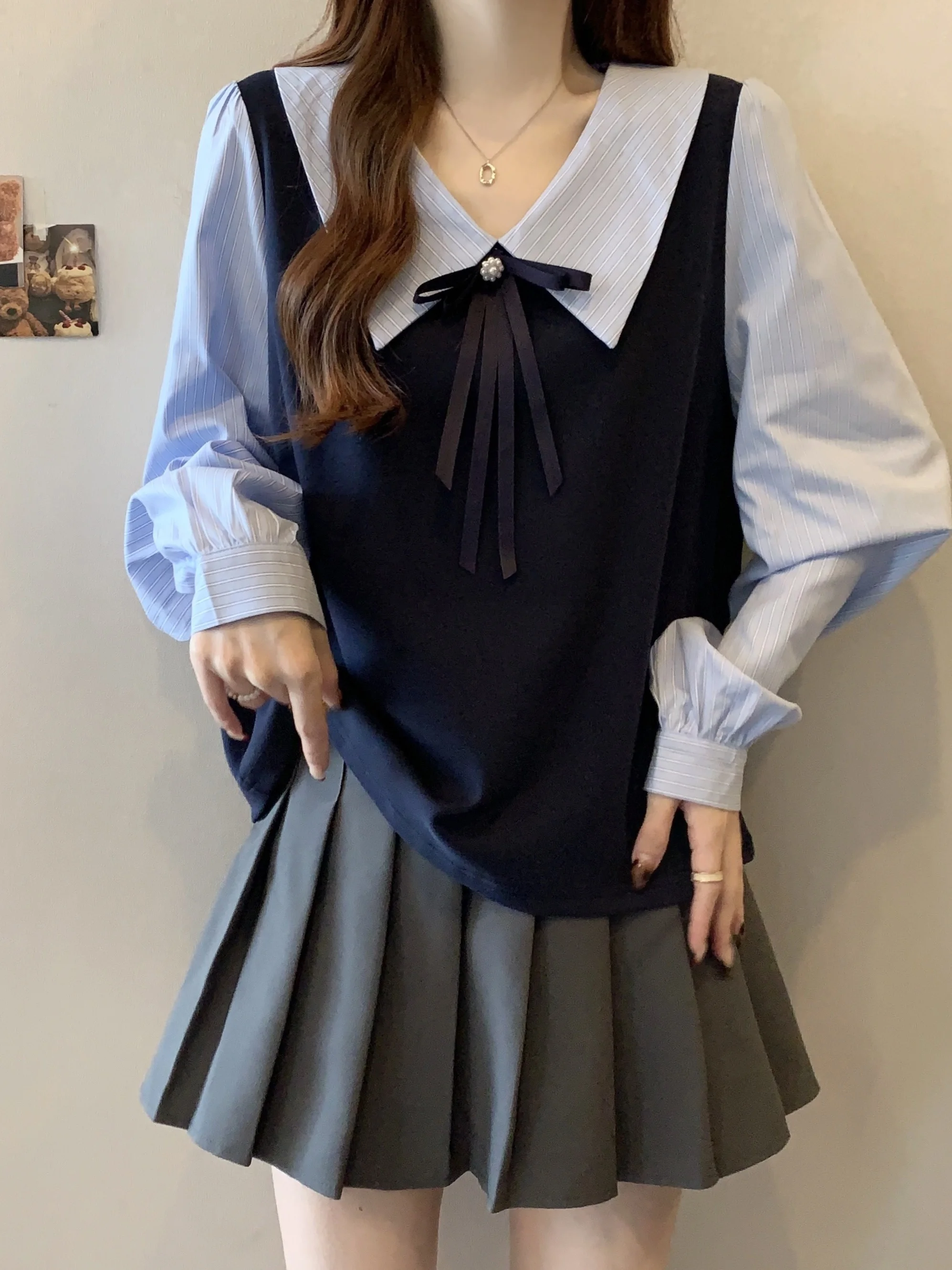 

Женская свободная блузка с длинным рукавом и воротником-стойкой, весна 2026, французский стиль, большие размеры, повседневная одежда, полиэстер