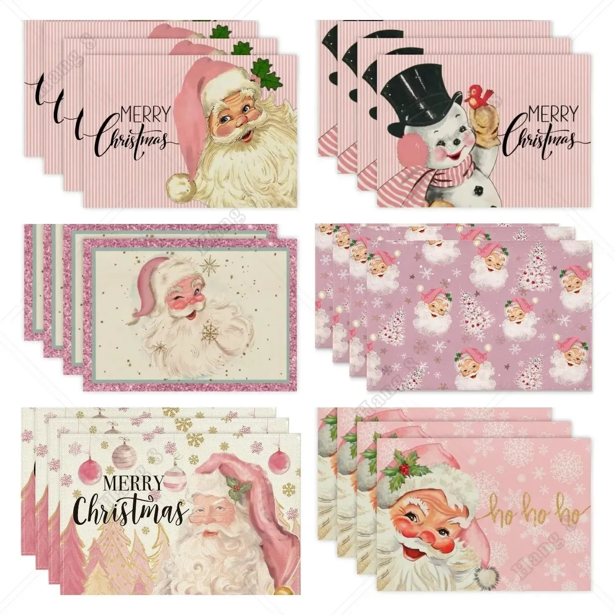 Rosa gestreiftes Weihnachts-Tischset-Set, rosa Weihnachtsmann-Muster, festliche rosa Tischsets, rosa Weihnachtsdekorationen, Leinenmaterial