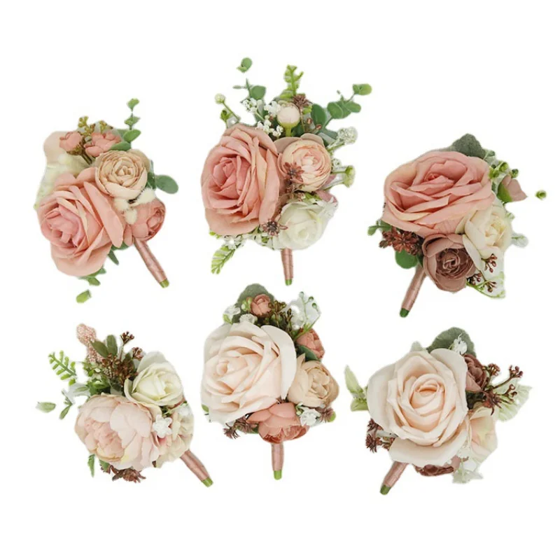 Flores artificiales para Boutonnieres, ramillete de muñeca para dama de honor, rosa, ojal, accesorios de boda