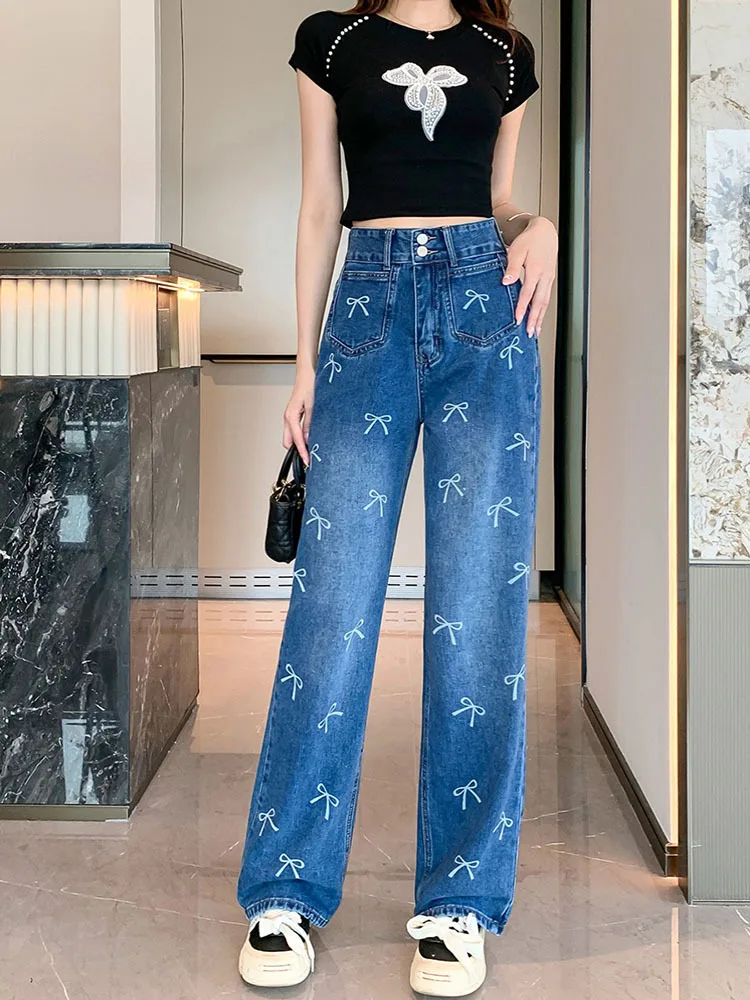 2024 Spring New Bow Print Pants Women Vintage Washed Blue Denim Trousers Y2k E-Girl High Waist Loose Wide Leg Pants