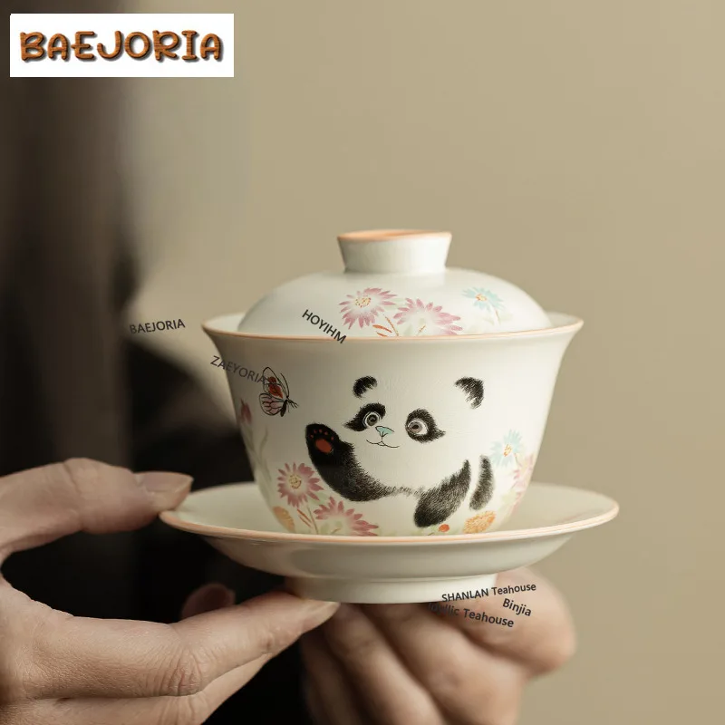 BAEJORIA 133ML Cream Ding Kiln Panda Play Butterfly Gaiwan Tea Tureen Tea Bowl With Lid Kit Tea Maker Cover Bowl Teaware Gifts