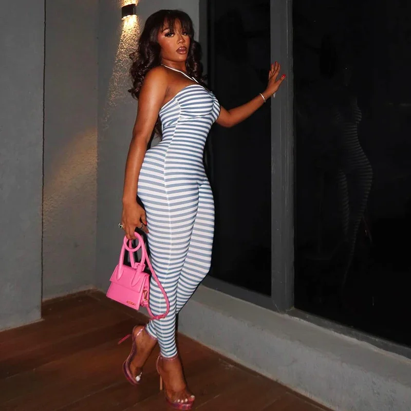 Doyerl ストライププリントワンピースジャンプスーツ女性オーバーオールセクシーなホルターストラップレススキニースリムナイトクラブパーティーロンパースコンビネゾン