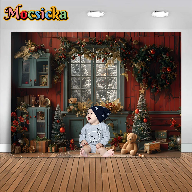 

Christmas Retro Wooden House Backdrop Bear Gift Wall Christmas Tree Home Birthday Kid Background For Shooting Children Photozone