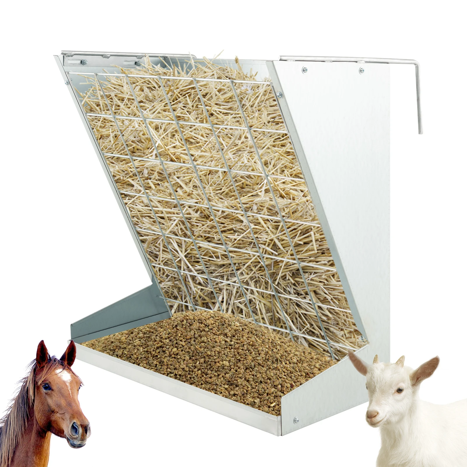 

Wall Mount Hay Feeder with Adjustable Distance Mesh Net & Large Tray for Horse
