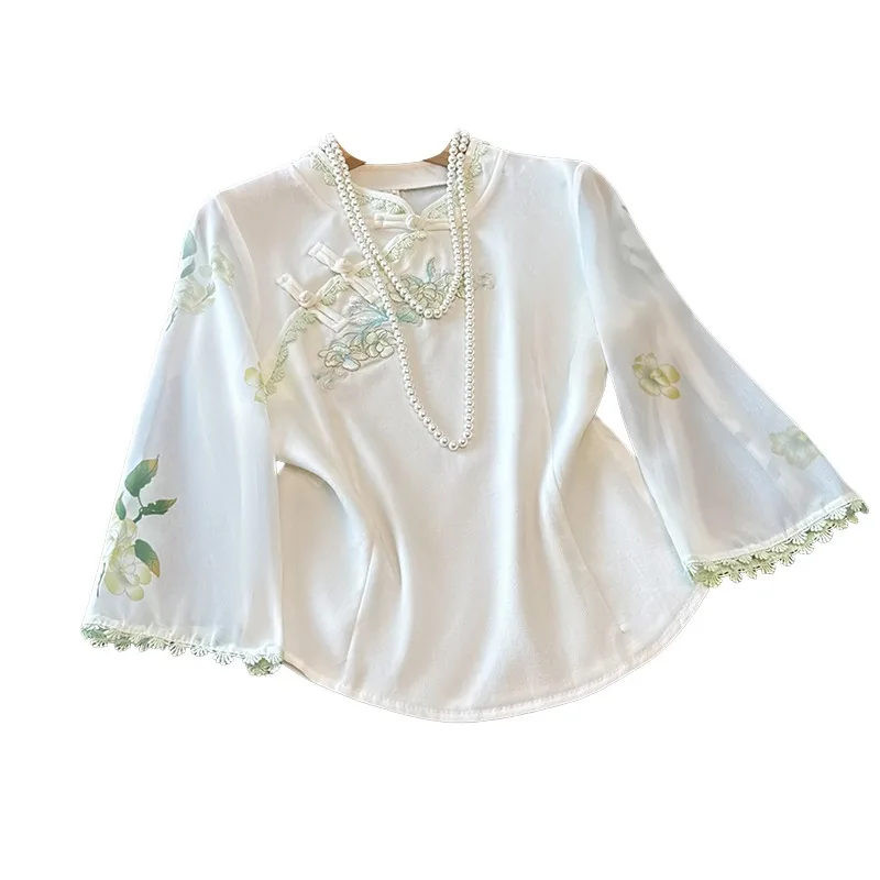 Kemeja wanita sifon, atasan blus bordir gaya China, pakaian Vintage motif bunga musim semi/musim panas untuk perempuan